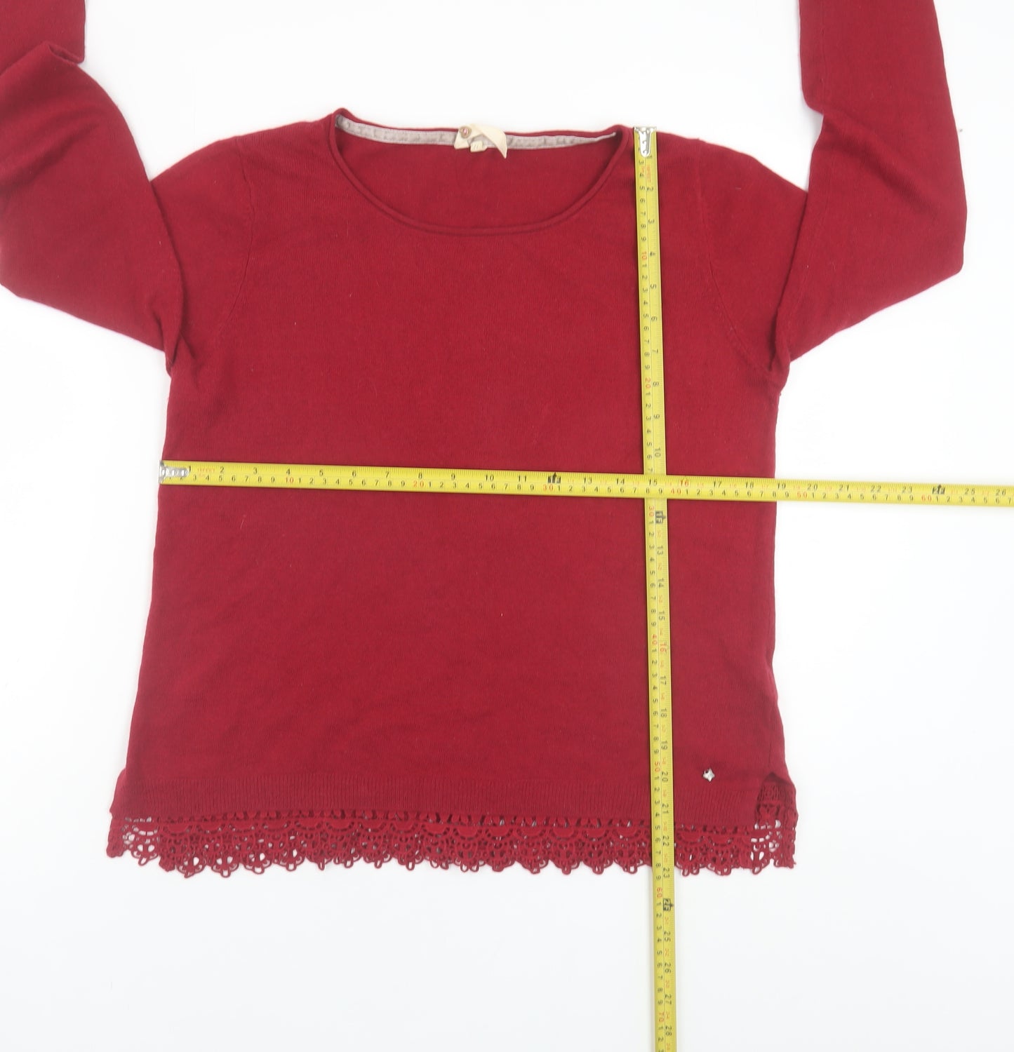 White Stuff Women Red Wool Cashmere Blend Crochet Hem Jumper Size 12