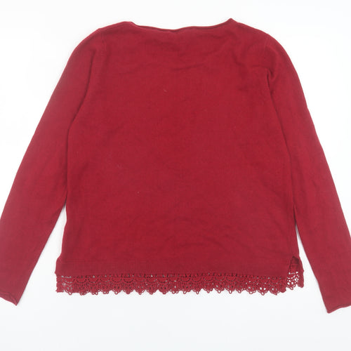 White Stuff Women Red Wool Cashmere Blend Crochet Hem Jumper Size 12