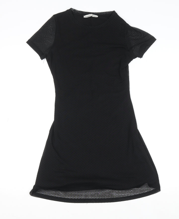 PULL&BEAR Womens Black XS Bodycon Mesh Short Sleeve Dress