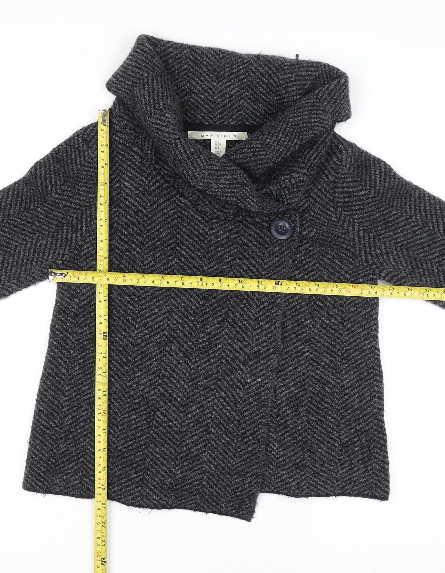 Max Studio Women’s Grey Herringbone Cardigan Small Wool Blend