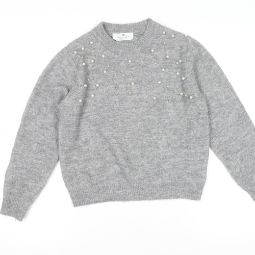 H&M Teens Grey Beaded Crew Neck Long Sleeve Knit Jumper Size 8