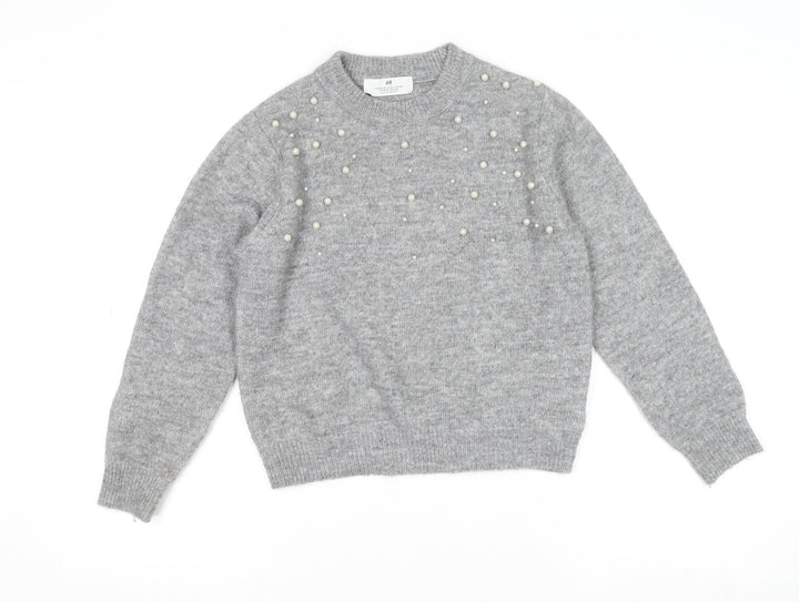 H&M Teens Grey Beaded Crew Neck Long Sleeve Knit Jumper Size 8