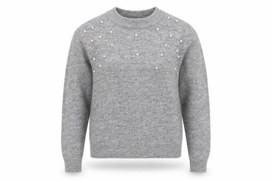 Front view of H&M Teens Grey Beaded Crew Neck Long Sleeve Knit Jumper, size 8