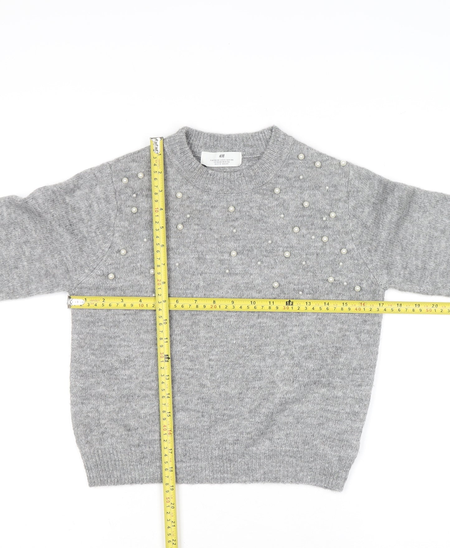 H&M Teens Grey Beaded Crew Neck Long Sleeve Knit Jumper Size 8