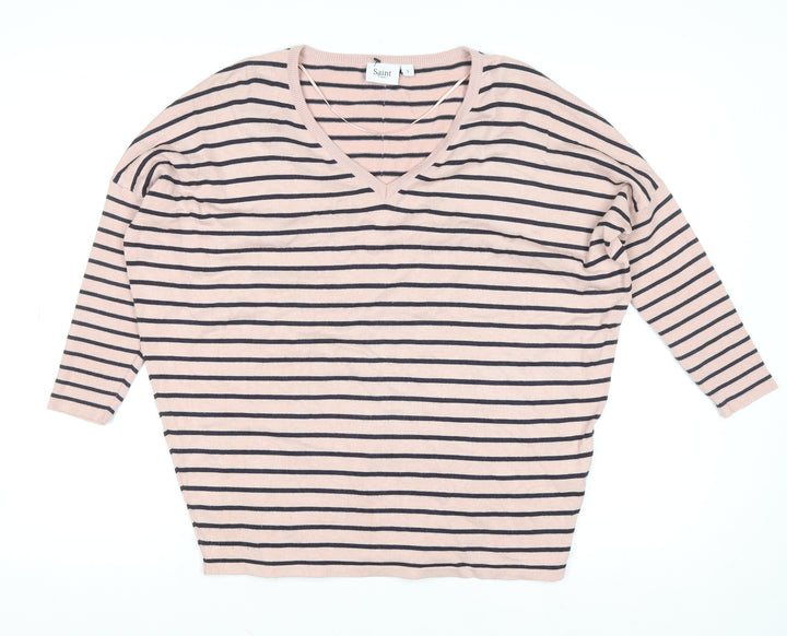 Saint Tropez Women’s Pink Striped V-Neck Relaxed Knit Jumper S