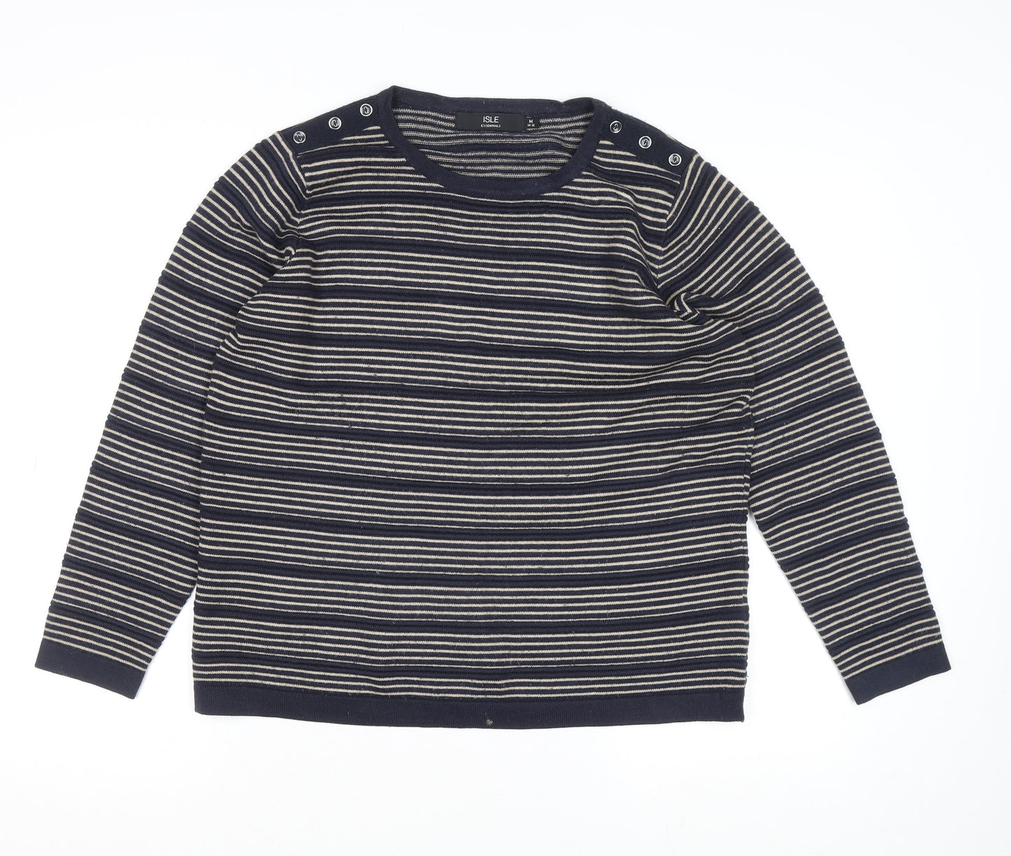ISLE Womens Blue Striped Button Shoulder Jumper Size M 14-16