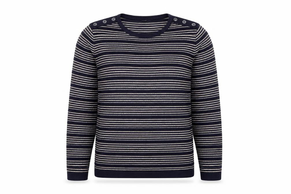 Front view of ISLE women’s blue striped button shoulder jumper, size M, 14-16