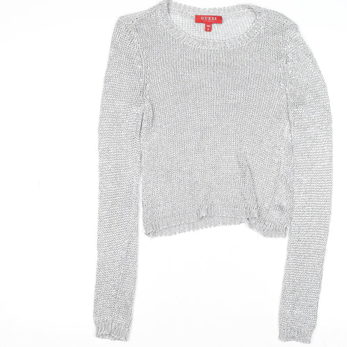 Guess Women's Silver Open-Knit Crew Neck Jumper Size 8
