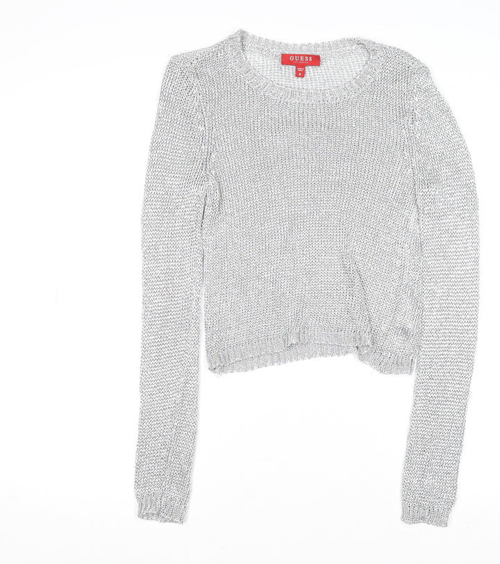 Guess Women's Silver Open-Knit Crew Neck Jumper Size 8