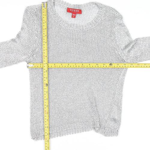 Guess Women's Silver Open-Knit Crew Neck Jumper Size 8