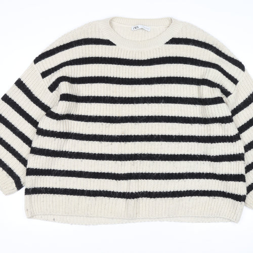 Zara Women Ivory Black Striped Chunky-Knit Pullover Jumper Size 12