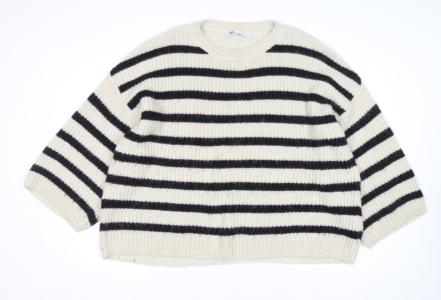 Zara Women Ivory Black Striped Chunky-Knit Pullover Jumper Size 12