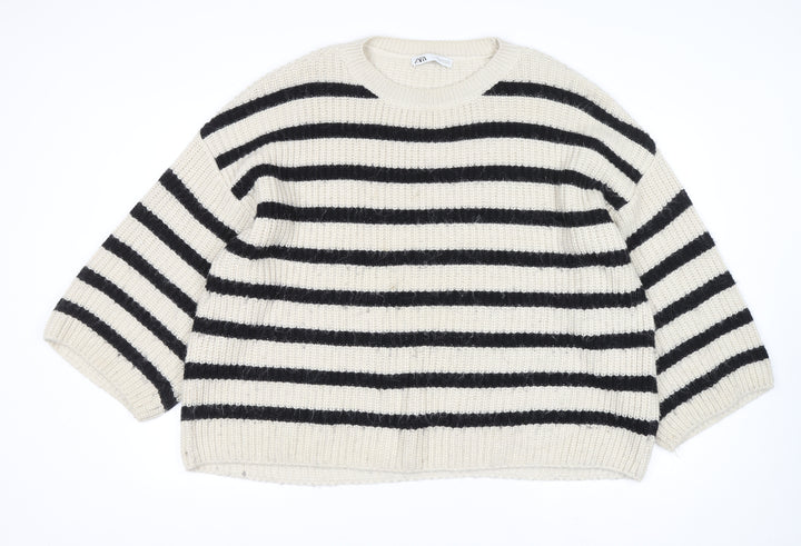 Zara Women Ivory Black Striped Chunky-Knit Pullover Jumper Size 12