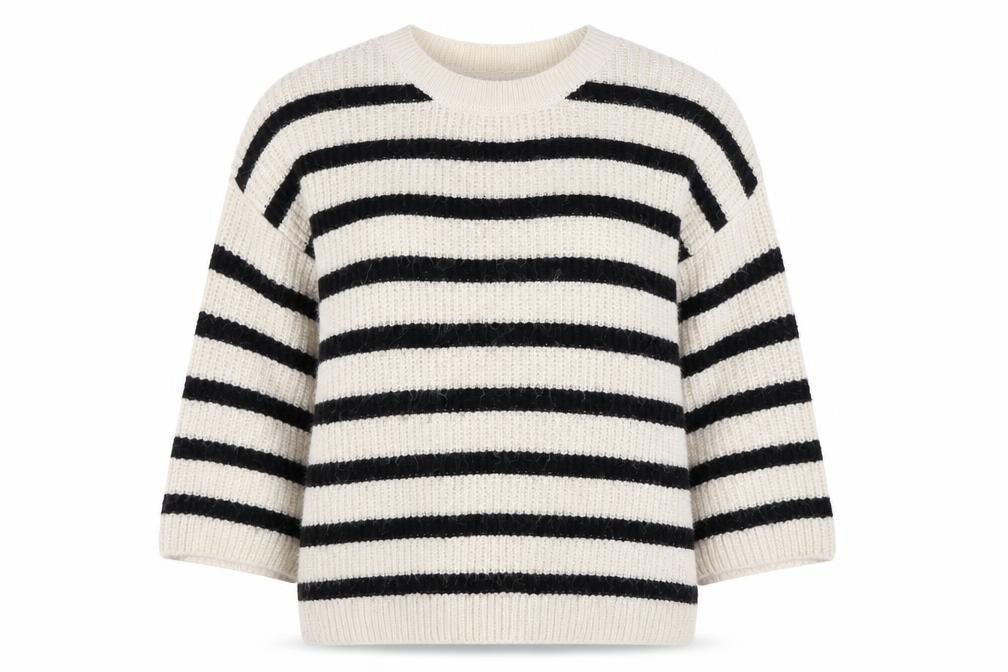 Front view of Zara Women Ivory Black Striped Chunky-Knit jumper, size 12
