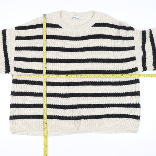 Zara Women Ivory Black Striped Chunky-Knit Pullover Jumper Size 12