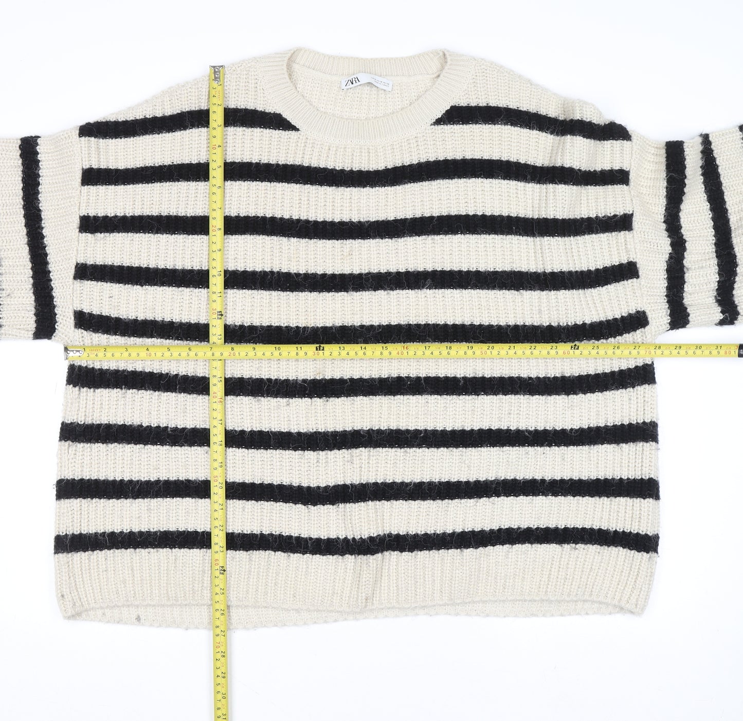 Zara Women Ivory Black Striped Chunky-Knit Pullover Jumper Size 12
