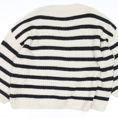 Zara Women Ivory Black Striped Chunky-Knit Pullover Jumper Size 12