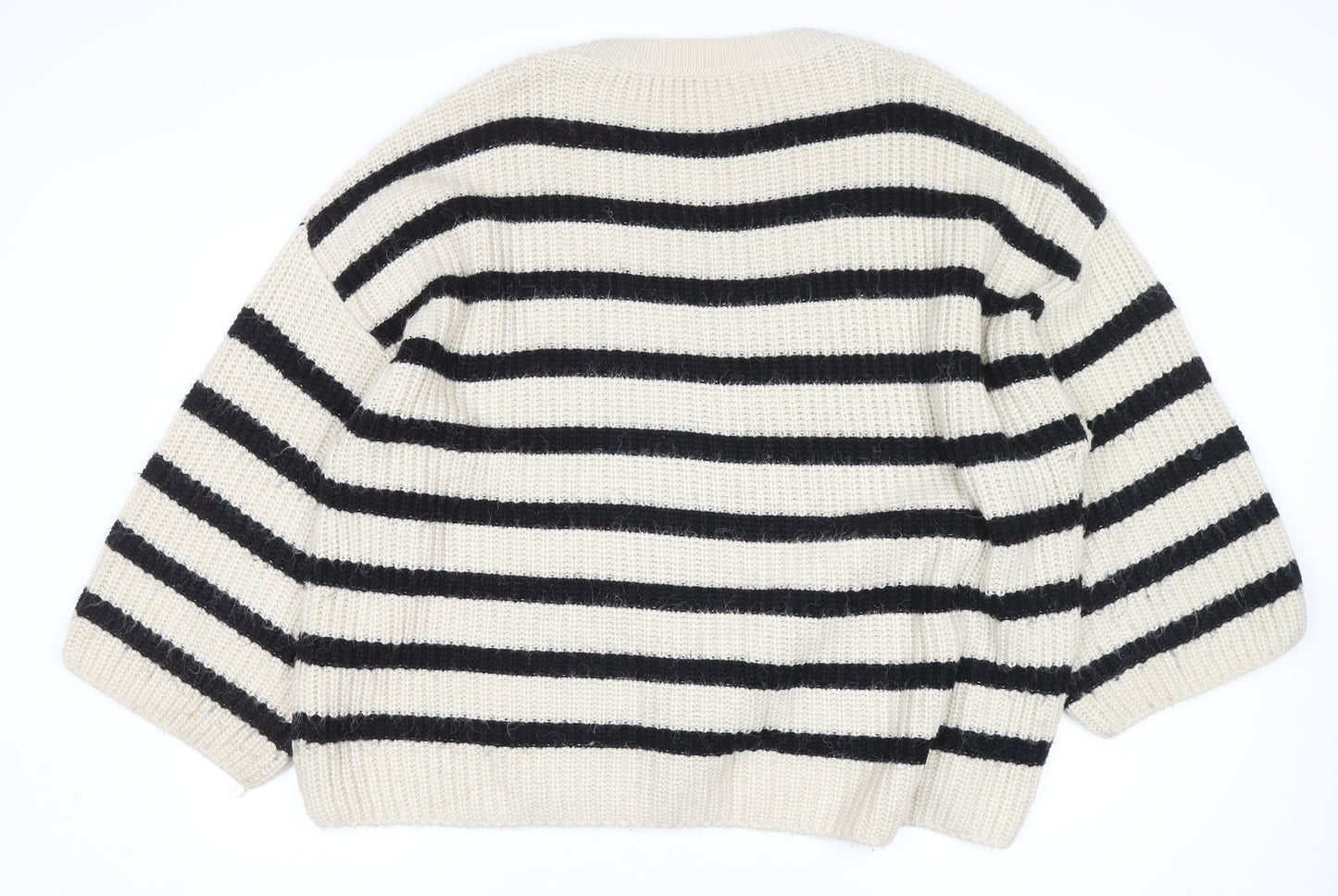Zara Women Ivory Black Striped Chunky-Knit Pullover Jumper Size 12