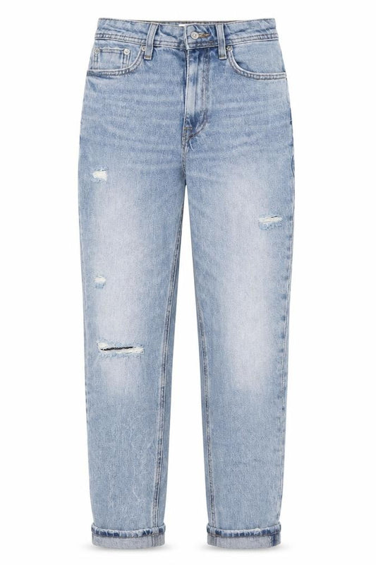 Front view of River Island Women Blue, size 6, Mom Distressed High Rise Jeans