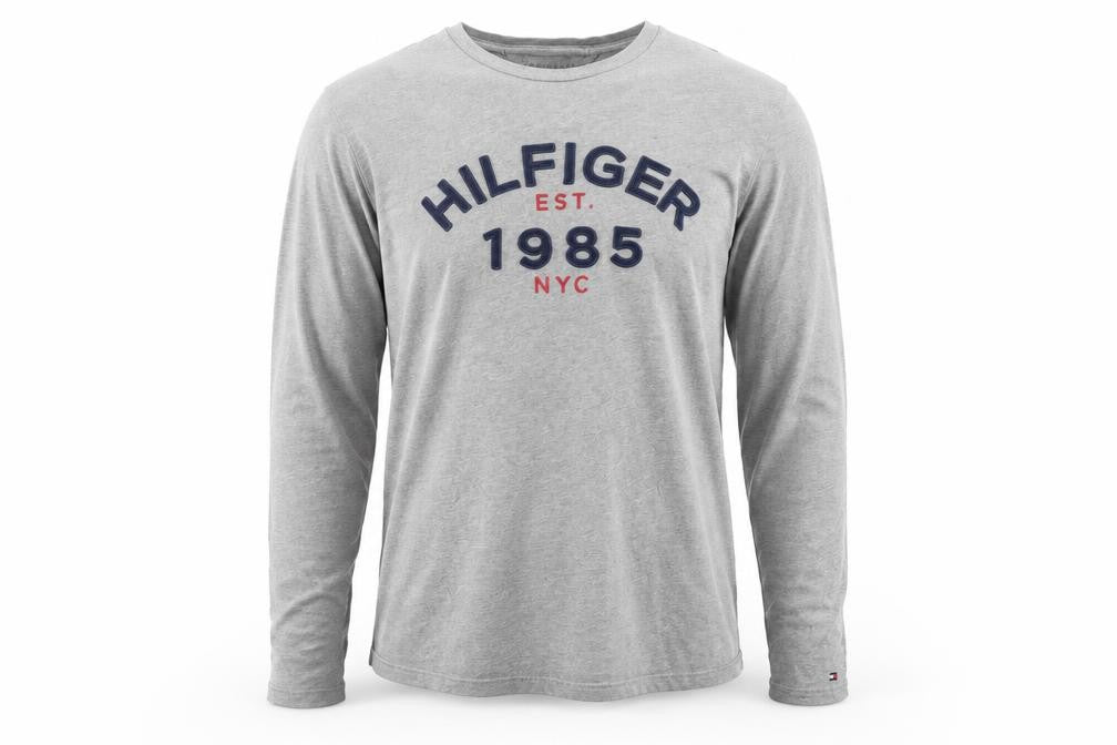 Front view of Tommy Hilfiger Men's Grey Long Sleeve Graphic Cotton Top M
