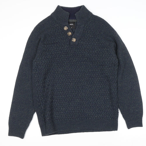 Burton Menswear Blue Wool Blend Henley Jumper Men M High Neck Classic Knit