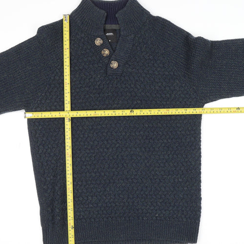 Burton Menswear Blue Wool Blend Henley Jumper Men M High Neck Classic Knit