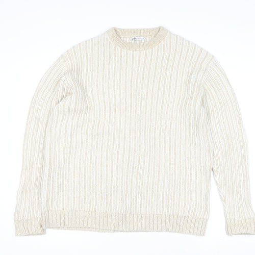 Zara Womens Beige Ribbed Knit Cotton Crew Neck Jumper Size L