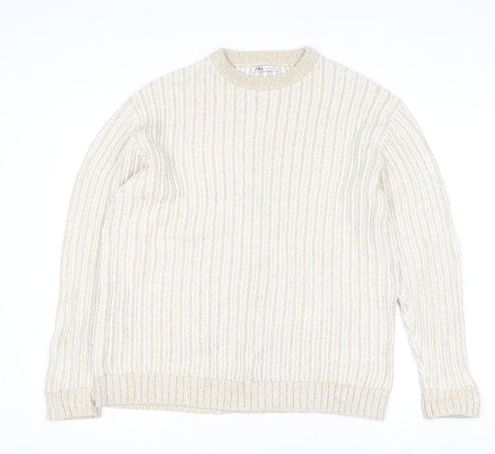 Zara Womens Beige Ribbed Knit Cotton Crew Neck Jumper Size L