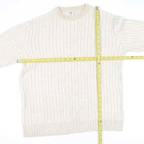 Zara Womens Beige Ribbed Knit Cotton Crew Neck Jumper Size L