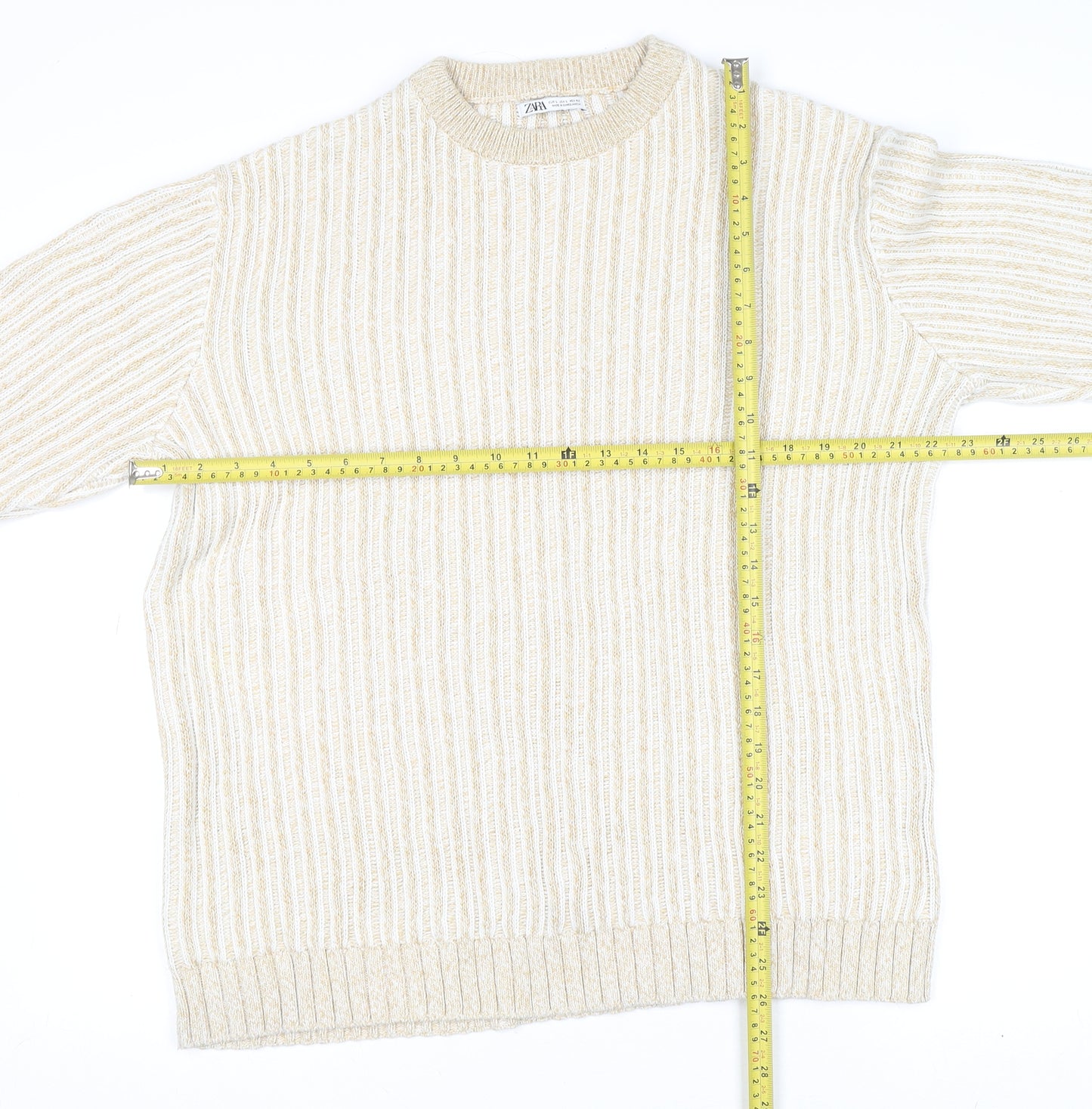 Zara Womens Beige Ribbed Knit Cotton Crew Neck Jumper Size L
