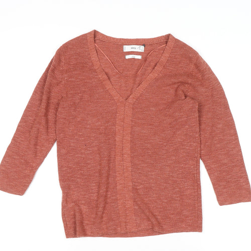 MNG Women's Brown Linen V-Neck 3/4 Sleeve Knit Cardigan Size S