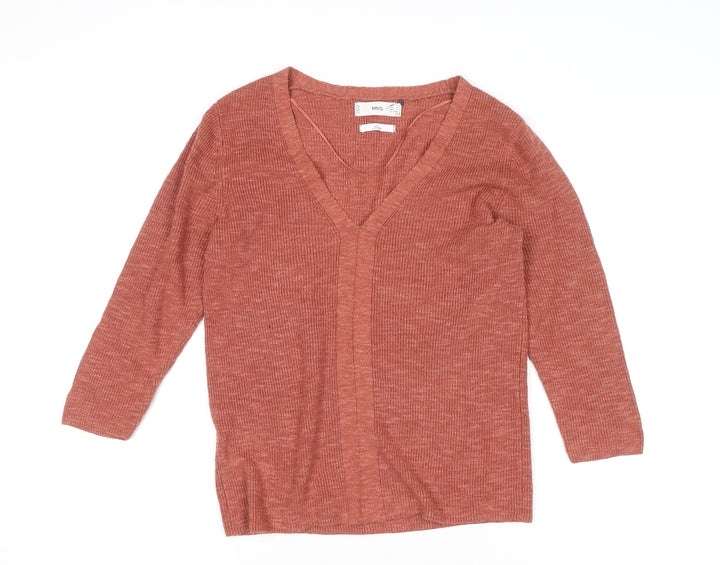 MNG Women's Brown Linen V-Neck 3/4 Sleeve Knit Cardigan Size S