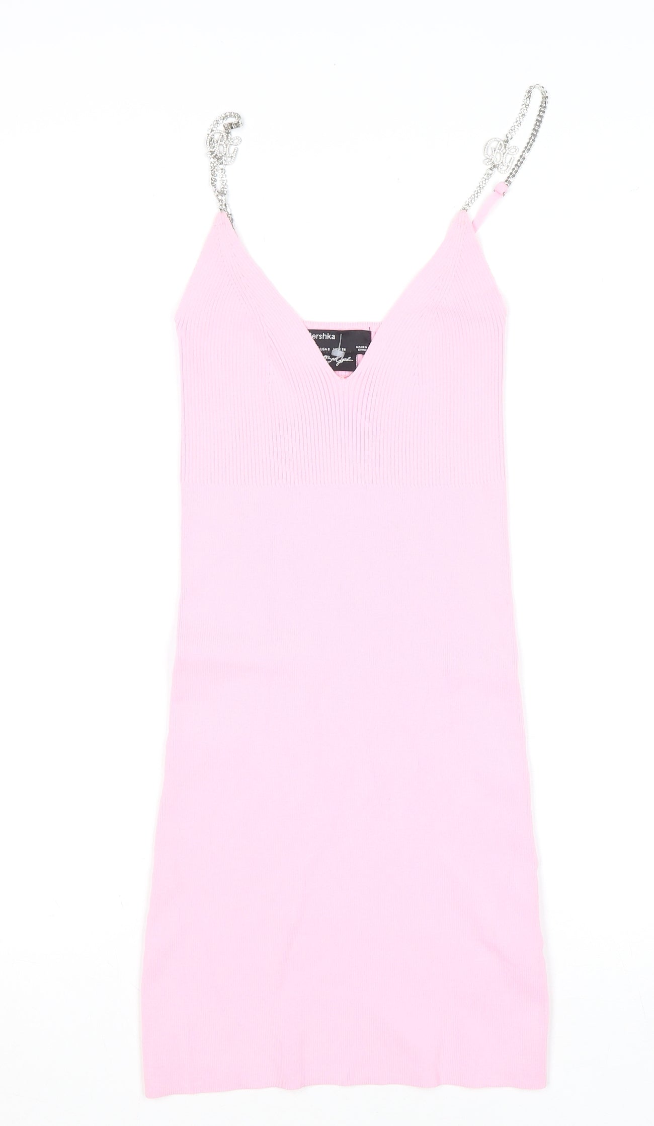 Bershka Women’s Pink Bodycon V-Neck Chain Strap Short Dress Size S