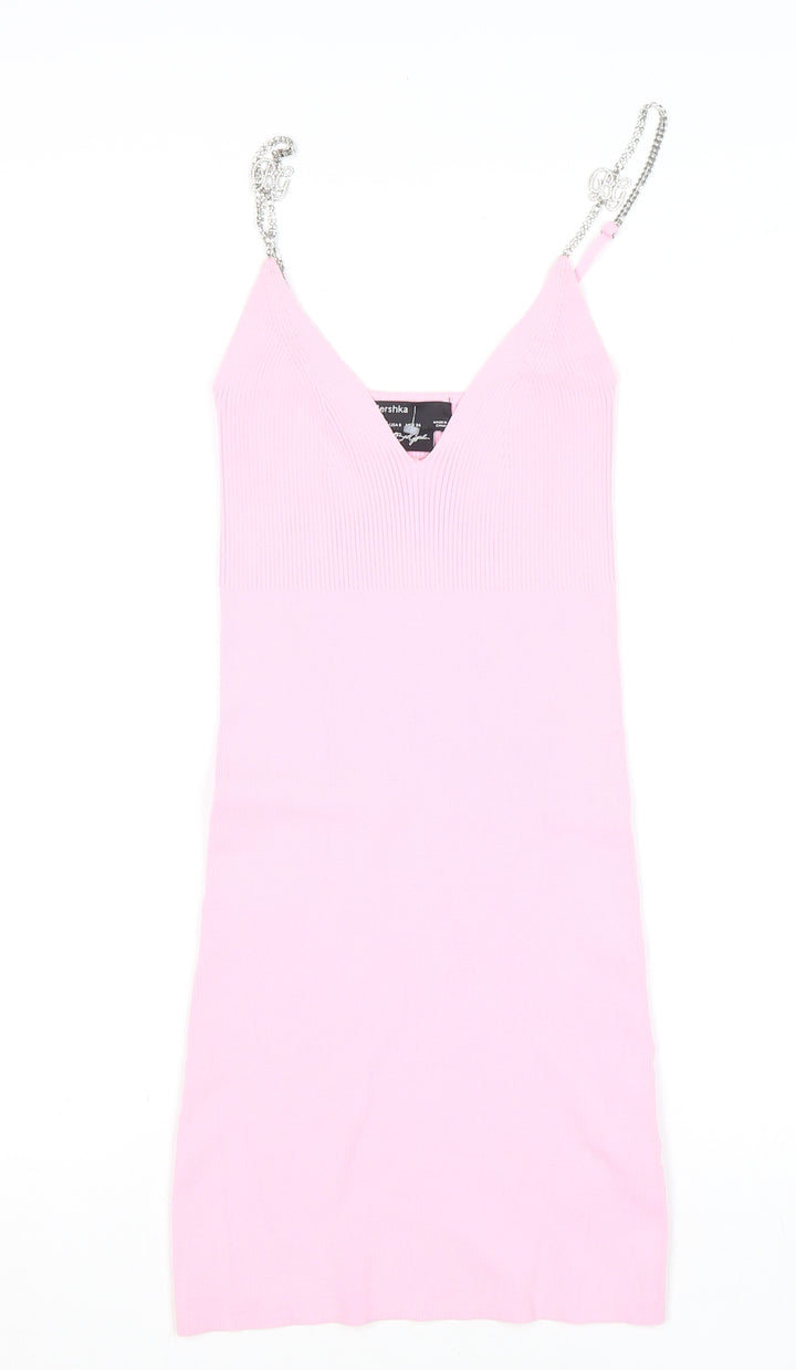 Bershka Women’s Pink Bodycon V-Neck Chain Strap Short Dress Size S