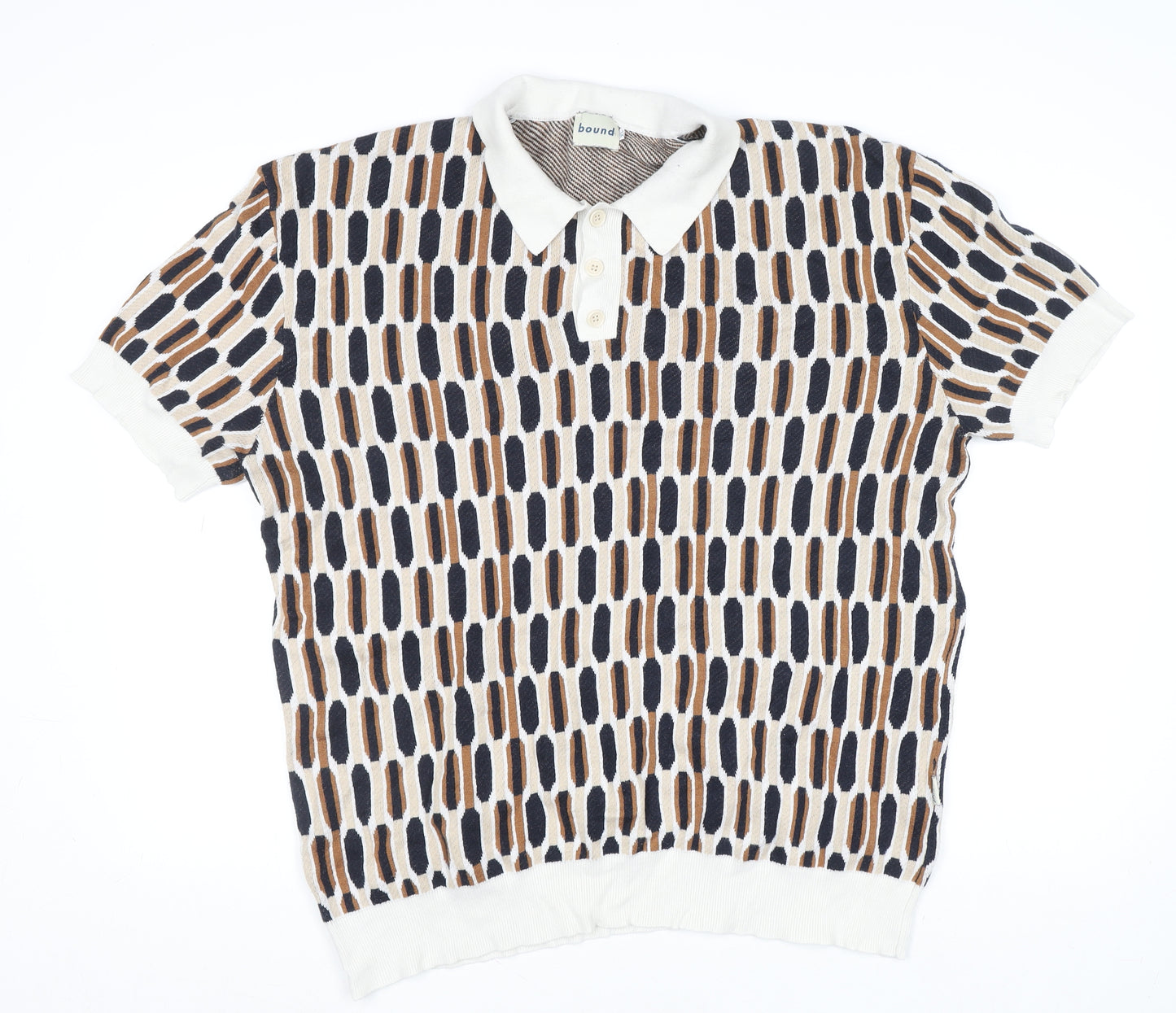Bound Mens XL Retro Geometric Knit Polo Shirt Multicoloured Cotton Blend