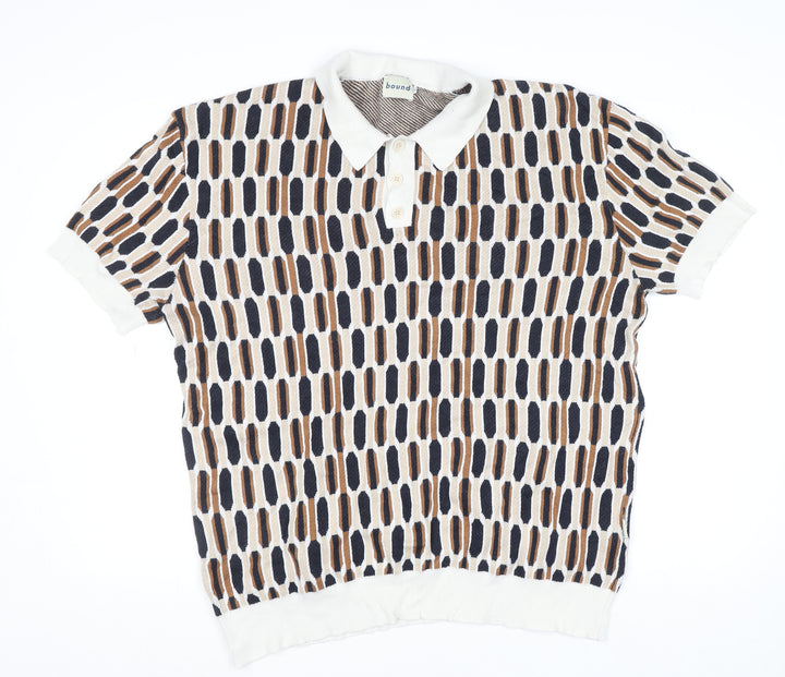 Bound Mens XL Retro Geometric Knit Polo Shirt Multicoloured Cotton Blend