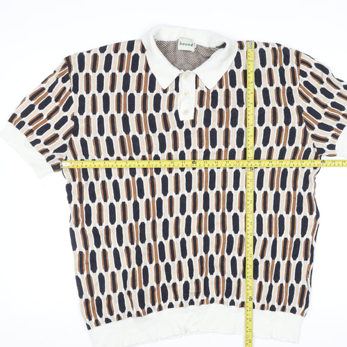 Bound Mens XL Retro Geometric Knit Polo Shirt Multicoloured Cotton Blend