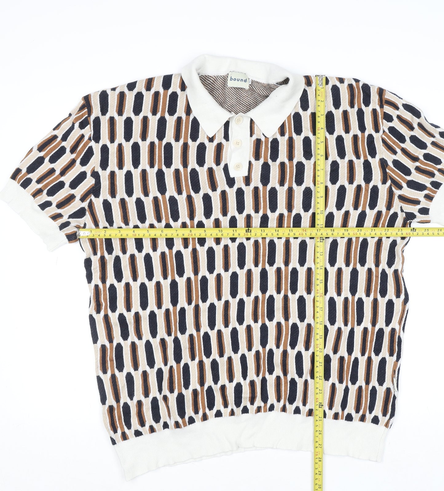 Bound Mens XL Retro Geometric Knit Polo Shirt Multicoloured Cotton Blend