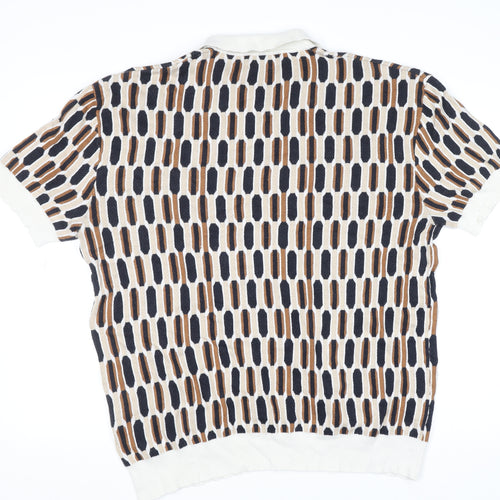 Bound Mens XL Retro Geometric Knit Polo Shirt Multicoloured Cotton Blend