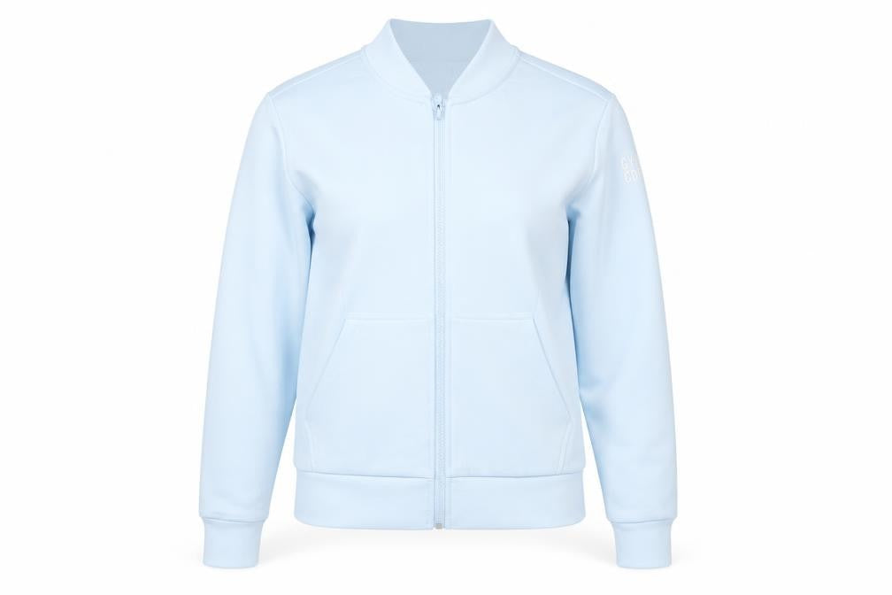 Front view of Gym+Coffee Women's Blue Small Track Jacket Full Zip Athleisure Slim Fit