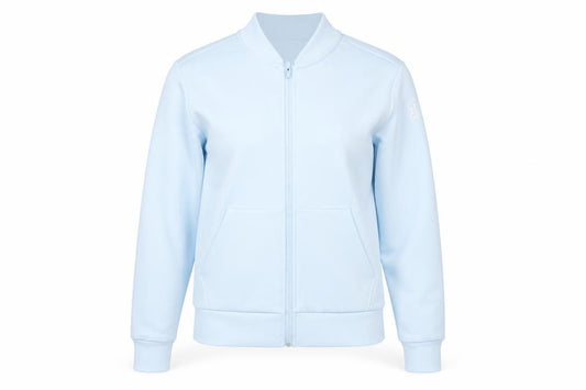Front view of Gym+Coffee Women's Blue Small Track Jacket Full Zip Athleisure Slim Fit