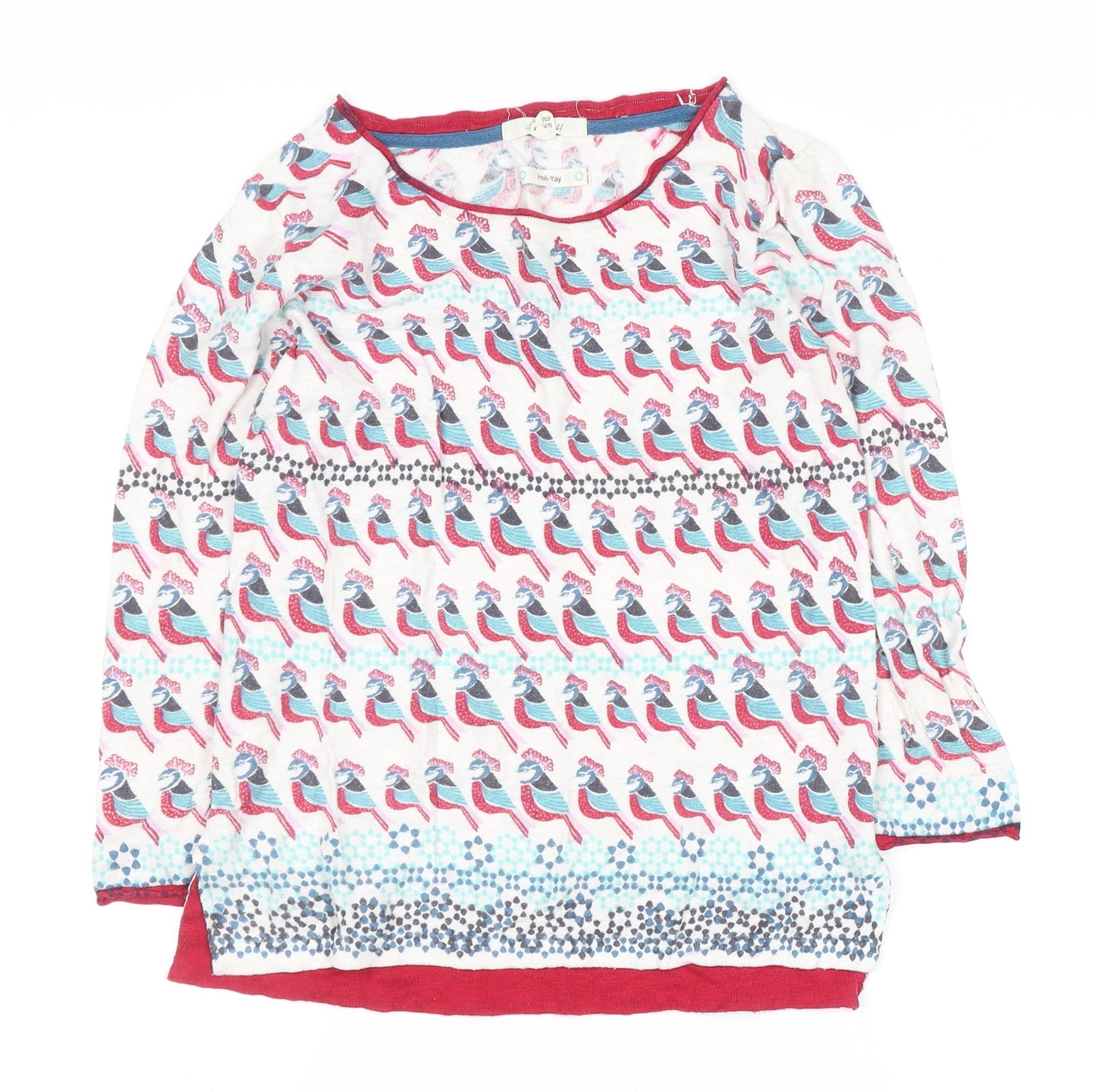 White Stuff Women’s Multicoloured Bird Print Cotton Linen Jumper Size 8