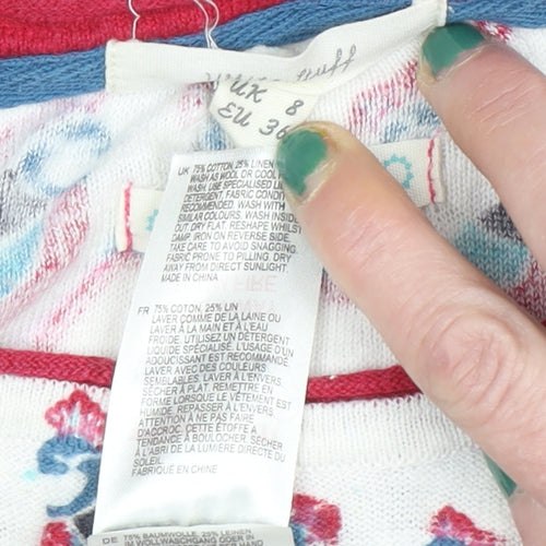 White Stuff Women’s Multicoloured Bird Print Cotton Linen Jumper Size 8