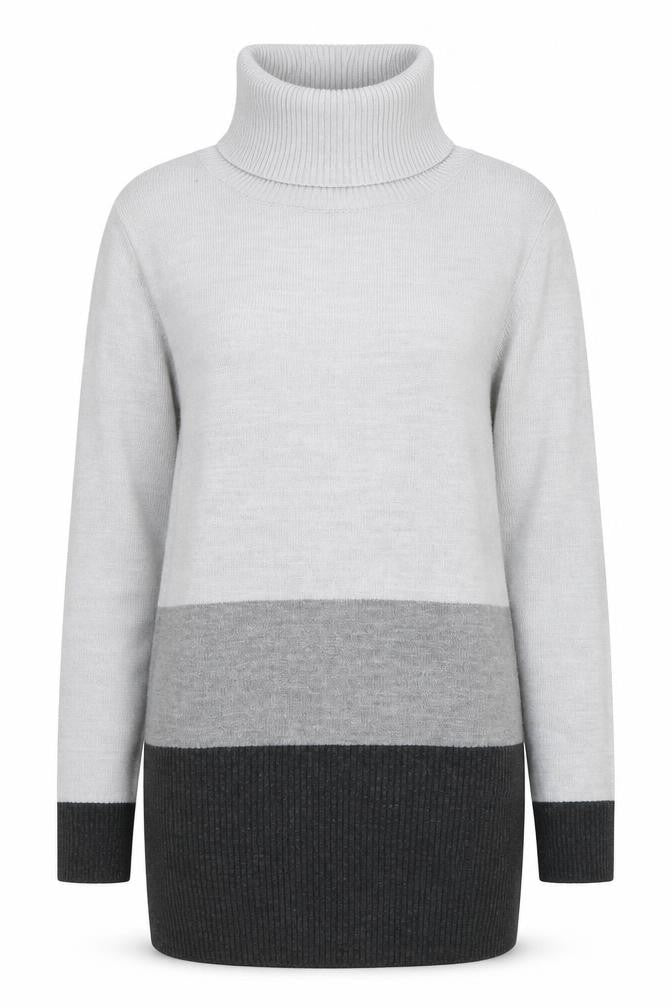 Front view of Marks & Spencer women’s grey roll neck acrylic jumper, size UK 6