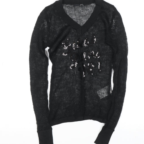 Guess Women's Black Sequin Open-Knit V-Neck Jumper Size S