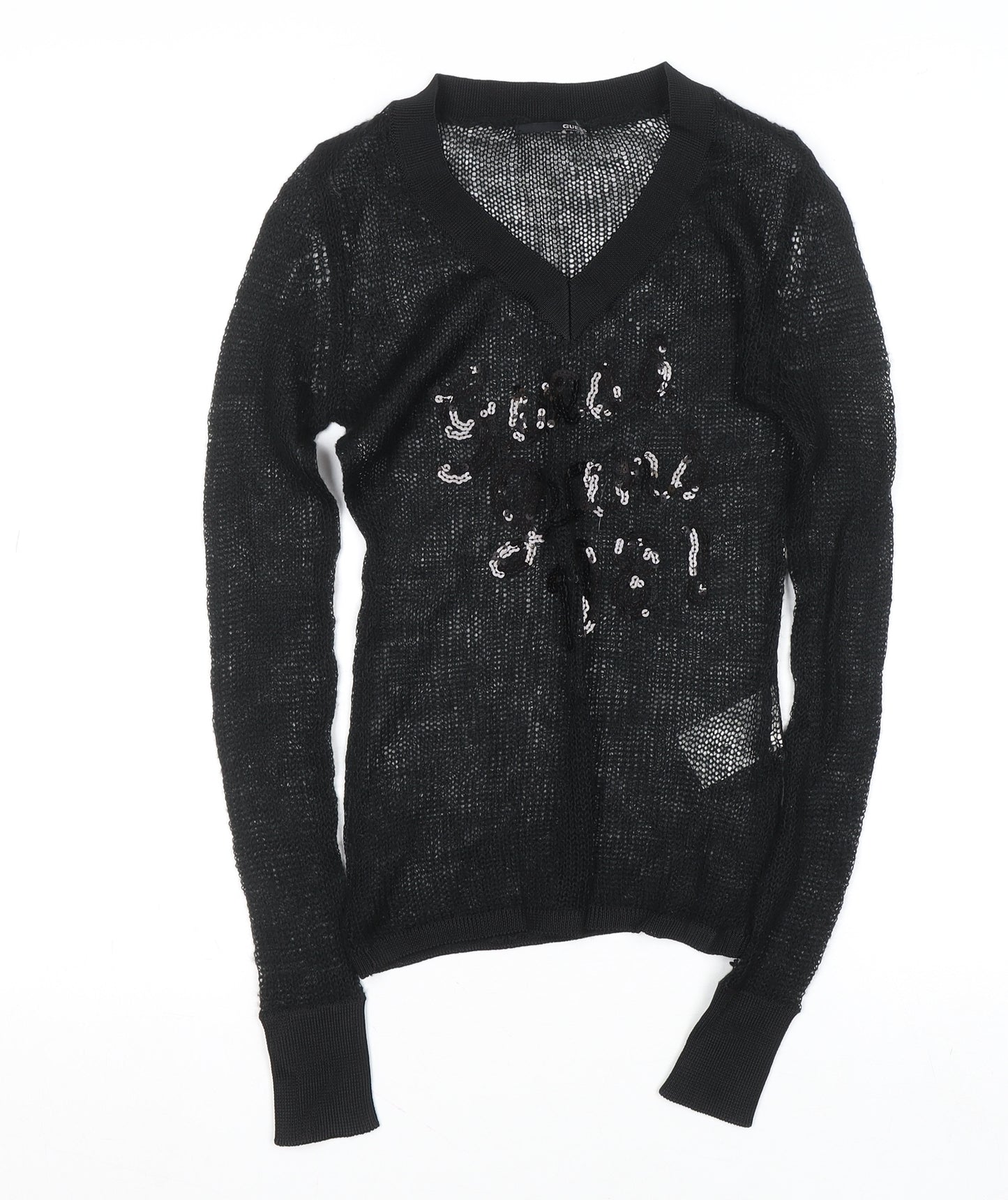 Guess Women's Black Sequin Open-Knit V-Neck Jumper Size S
