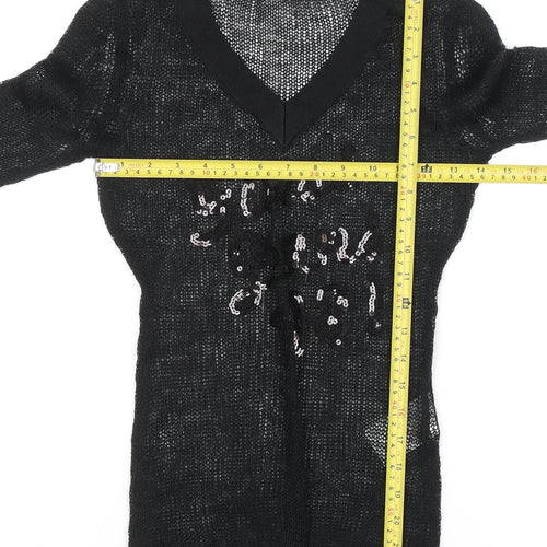 Guess Women's Black Sequin Open-Knit V-Neck Jumper Size S