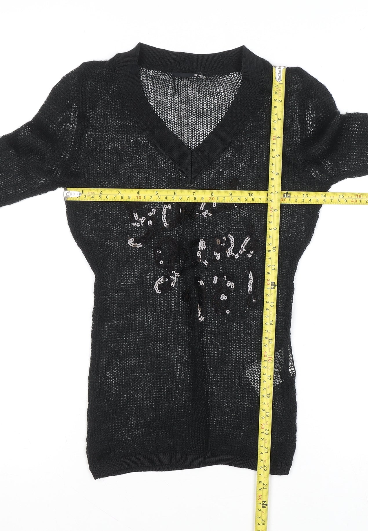 Guess Women's Black Sequin Open-Knit V-Neck Jumper Size S