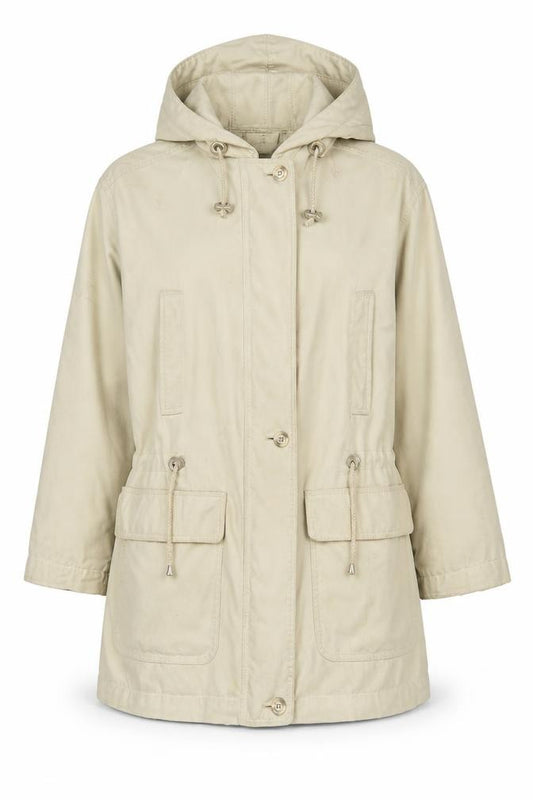 Front view of Nuage Women’s Beige Hooded Parka Jacket, size UK 12, Lined Drawstring