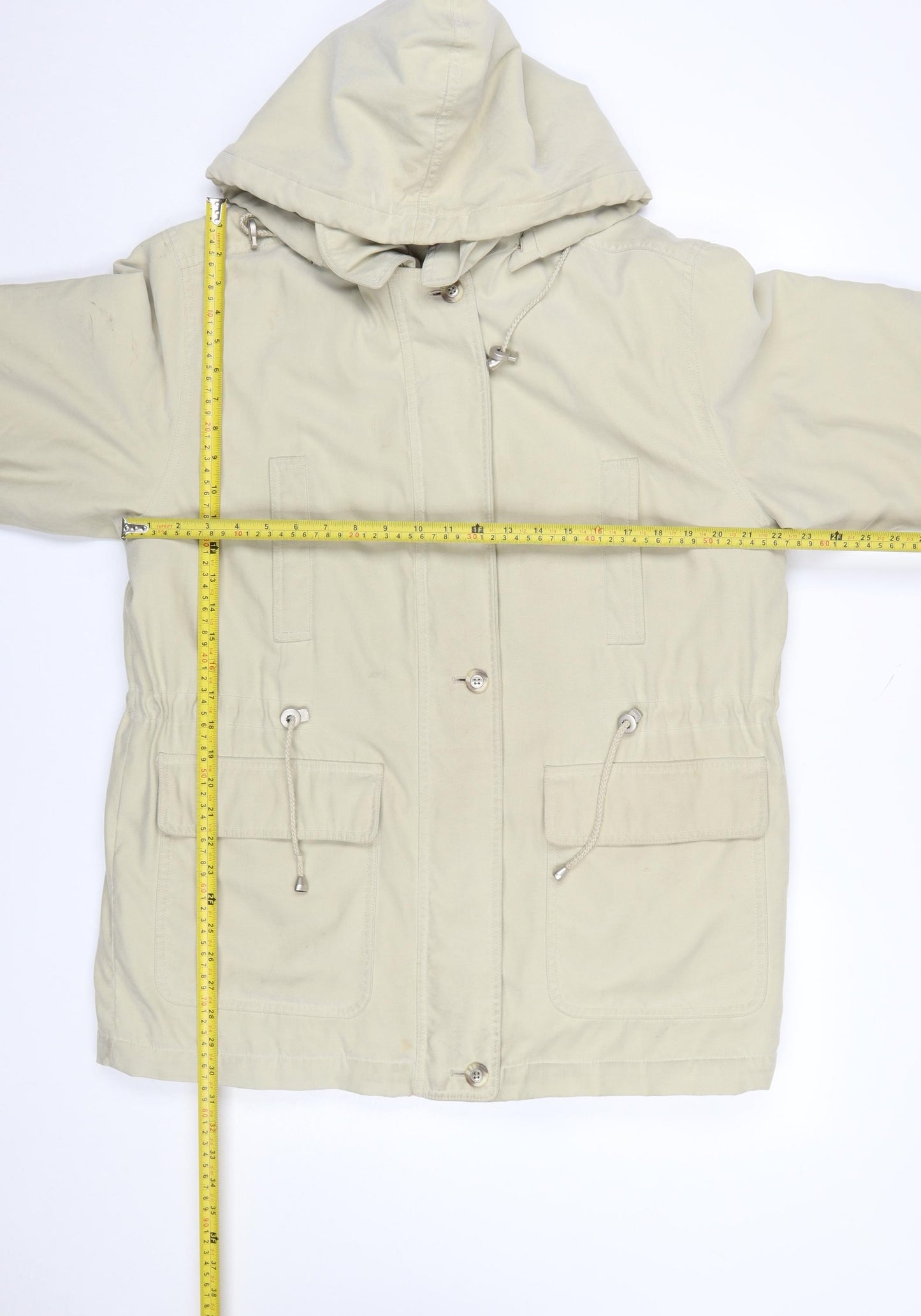 Nuage Women’s Beige Hooded Parka Jacket Size 12 Lined Drawstring